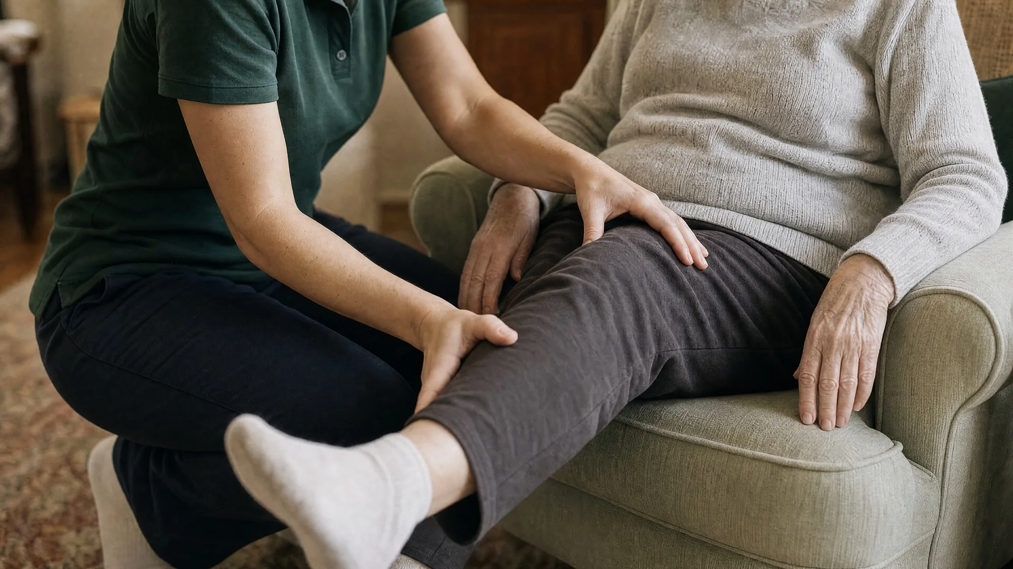 Physiotherapeutin behandelt beim Hausbesuch das Bein einer älteren Patientin im Sessel zu Hause