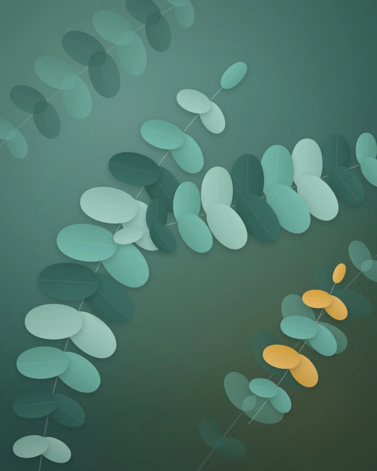 Stilisierte Eukalyptuszweige in Grün- und Goldtönen – ruhige Markenillustration der Physiotherapie-Praxis