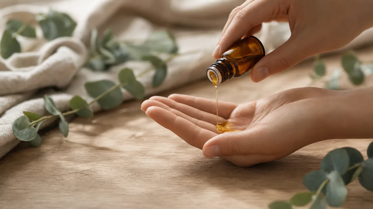 Aromatisches Massageöl wird aus einem Fläschchen in die Handfläche geträufelt, daneben Eukalyptuszweige