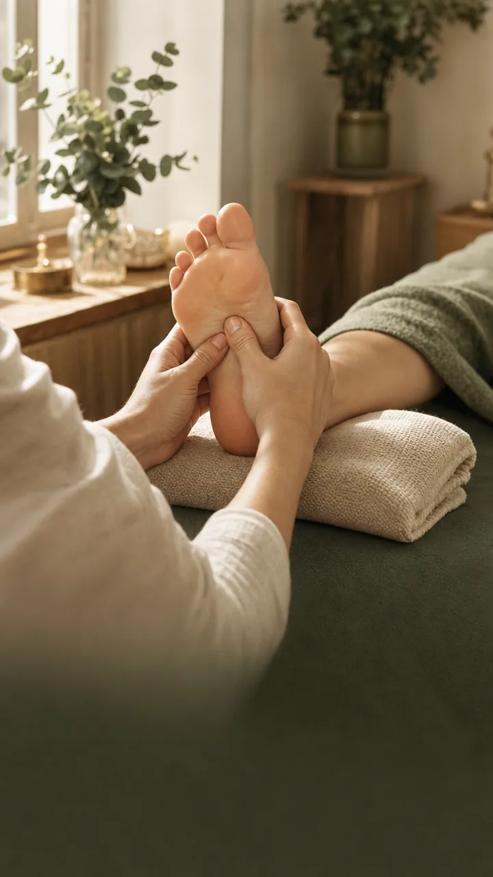 Fußreflexzonenmassage: Daumen üben sanften Druck auf die Fußsohle aus, der Fuß ruht auf einem Handtuch