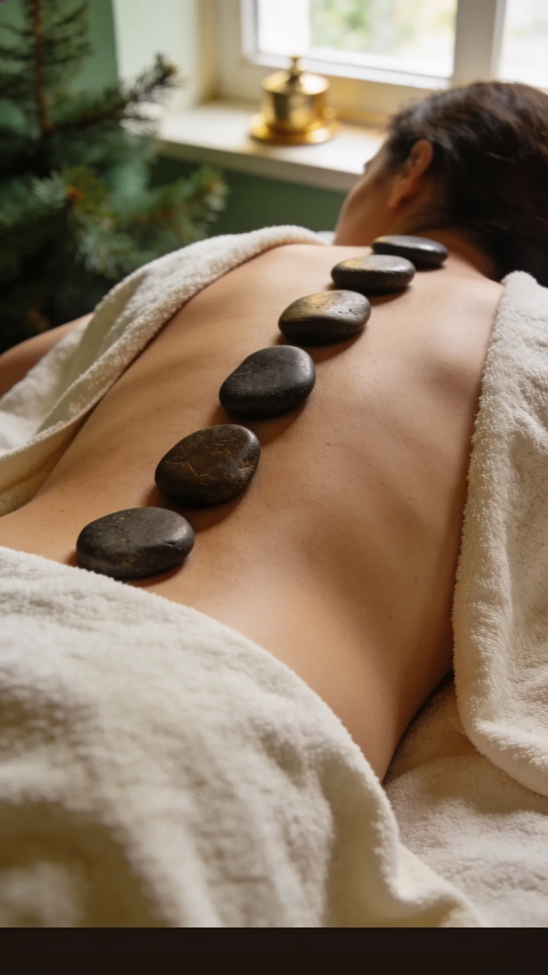 Hot-Stone-Massage: warme Basaltsteine liegen entlang der Wirbelsäule auf dem Rücken einer Frau