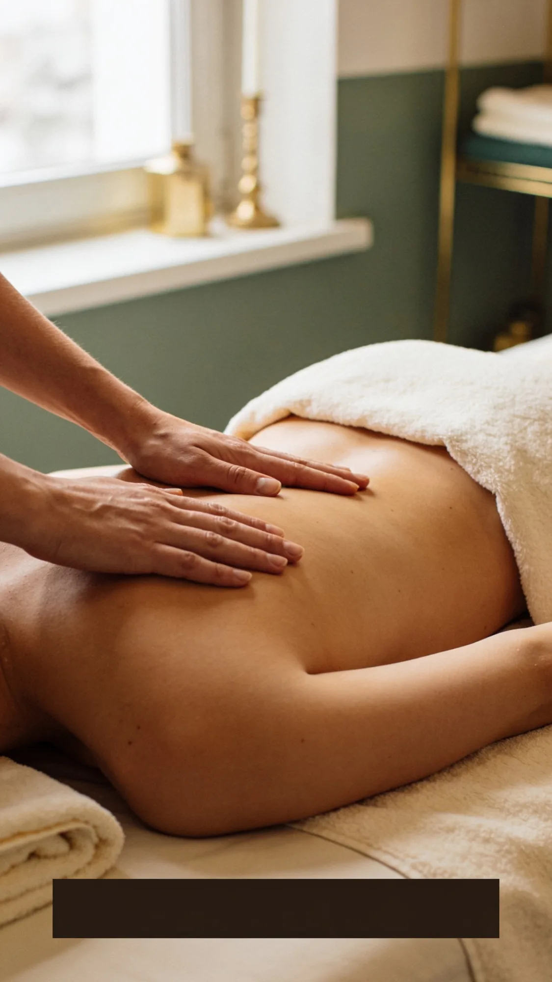 Klassische Wellnessmassage: Hände massieren mit sanften Streichungen den Rücken auf der Behandlungsliege